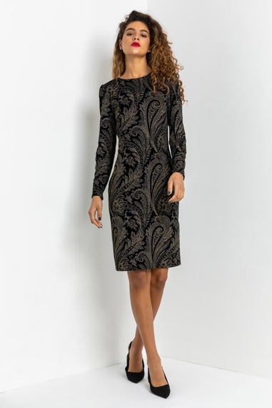 Roman Black Shimmer Paisley Velvet Shift Dress