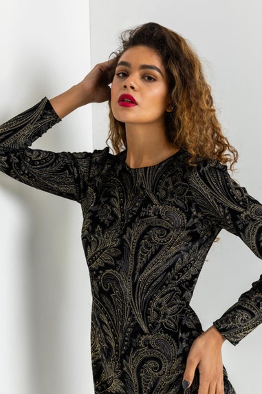 Roman Black Shimmer Paisley Velvet Shift Dress