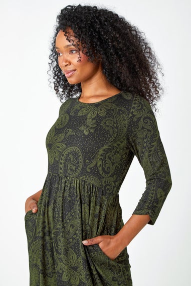 Roman Khaki Petite Paisley Print Ruched Midi Dress