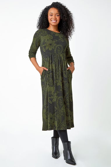 Roman Khaki Petite Paisley Print Ruched Midi Dress