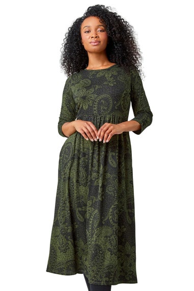 Roman Khaki Petite Paisley Print Ruched Midi Dress