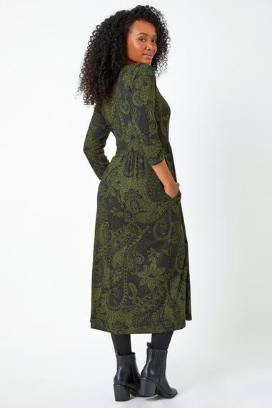 Roman Khaki Petite Paisley Print Ruched Midi Dress