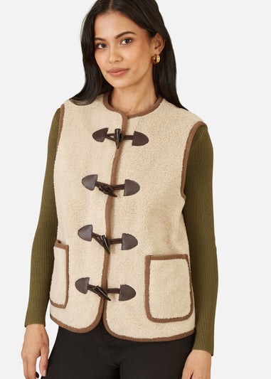 Yumi Cream Borg Gilet With Faux Leather Button Details