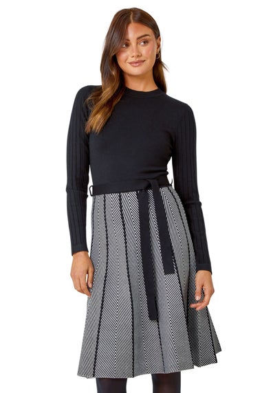 Roman Black Chevron Print Belted Jumper Dress