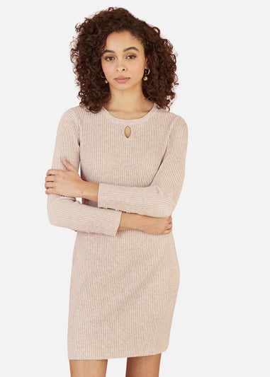 Yumi Beige Rib Knit Tunic Dress With Button Cuffs & Cut Out Detail