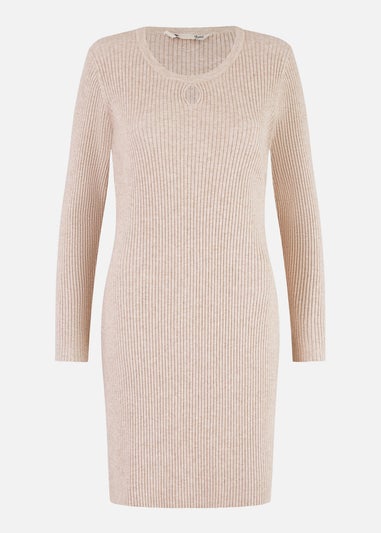 Yumi Beige Rib Knit Tunic Dress With Button Cuffs & Cut Out Detail