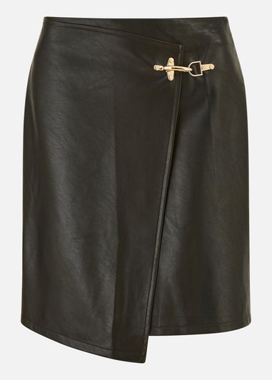 Yumi Black Faux Leather Wrap Mini Skirt