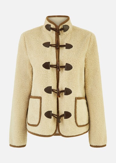 Yumi Cream Borg Jacket With Faux Leather Button Details