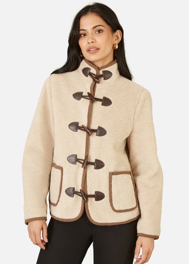 Yumi Cream Borg Jacket With Faux Leather Button Details