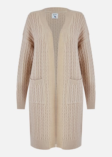 Yumi Beige Cable Knit Edge to Edge Long Cardigan With Pockets