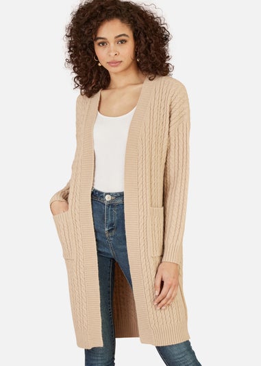 Yumi Beige Cable Knit Edge to Edge Long Cardigan With Pockets