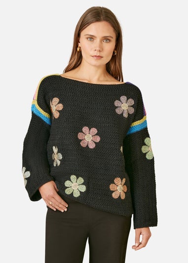 Yumi Black Crochet Flower Jumper