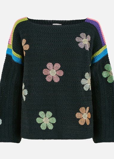 Yumi Black Crochet Flower Jumper