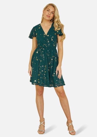 Mela Green Foil Star Print Wrap Skater Dress