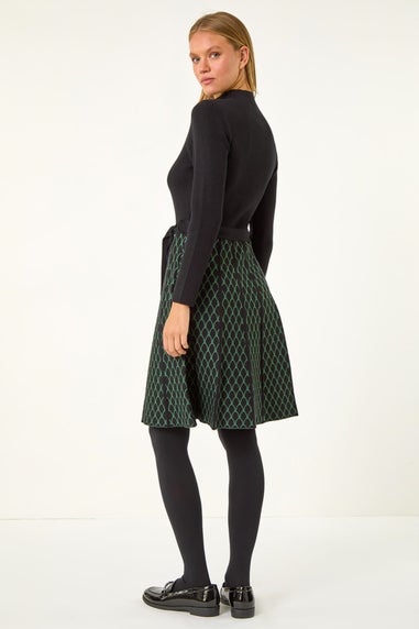 Roman Forest Green Contrast Skirt Knit Jacquard Dress