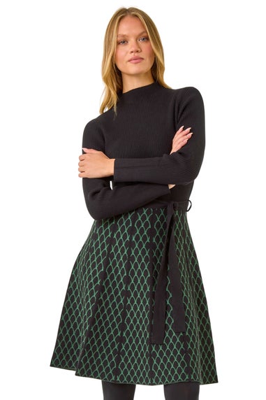 Roman Forest Green Contrast Skirt Knit Jacquard Dress