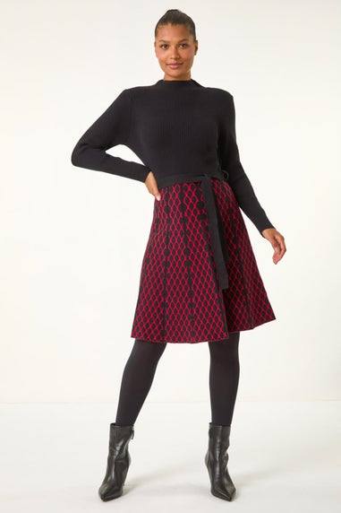 Roman Red Contrast Skirt Ribbed Jumper Dress