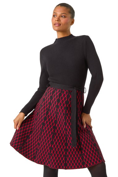 Roman Red Contrast Skirt Ribbed Jumper Dress