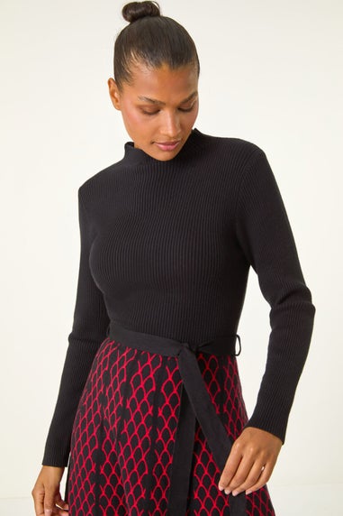 Roman Red Contrast Skirt Ribbed Jumper Dress