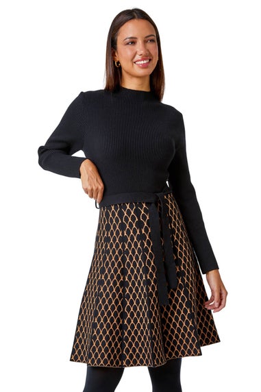 Roman Camel Contrast Skirt Ribbed Jumper Dress