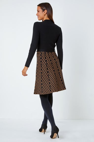 Roman Camel Contrast Skirt Ribbed Jumper Dress