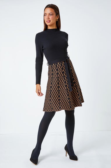 Roman Camel Contrast Skirt Ribbed Jumper Dress