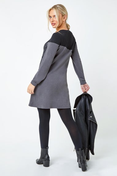 Roman Dark Grey Petite Animal Colour Block Knit Dress