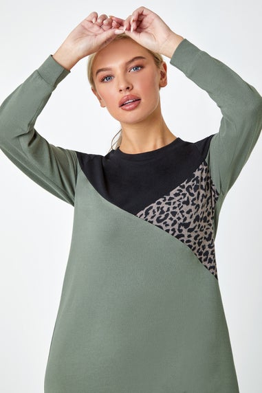 Roman Khaki Petite Leopard Print Colour Block Knit Dress