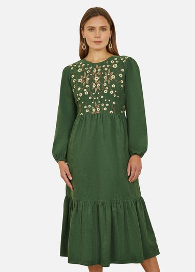 Yumi Green Long Sleeve Midi Dress With Floral Embroidery Bodice