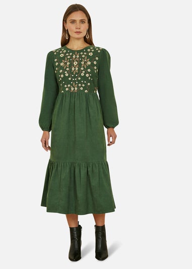 Yumi Green Long Sleeve Midi Dress With Floral Embroidery Bodice