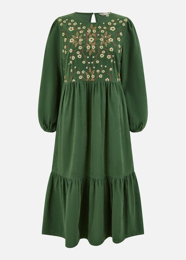 Yumi Green Long Sleeve Midi Dress With Floral Embroidery Bodice