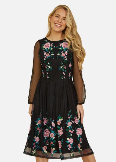 Yumi Black Embroidered Long Mesh Sleeve Prom Skater Dress