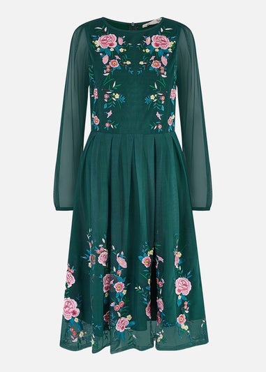 Yumi Green Embroidered Long Mesh Sleeve Prom Skater Dress