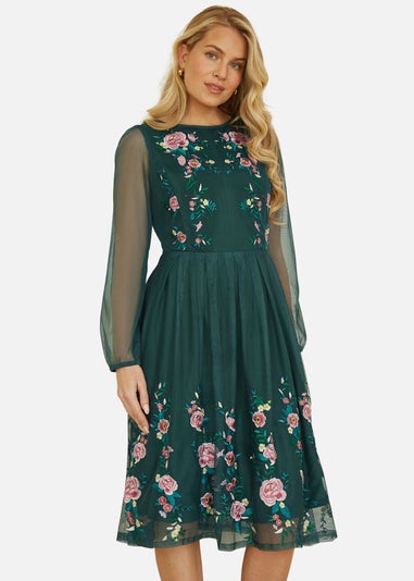 Yumi Green Embroidered Long Mesh Sleeve Prom Skater Dress