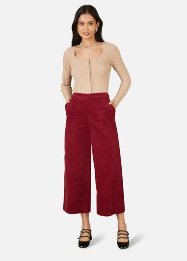 Yumi Burgundy Cord Cropped Wide Leg Trousers With Pockets