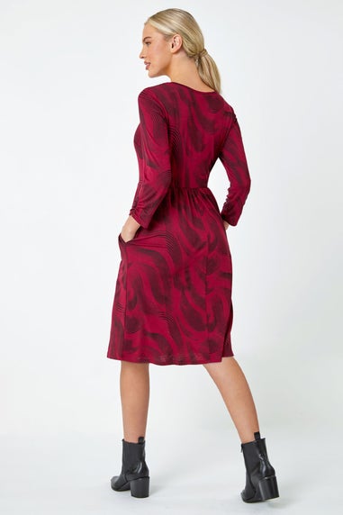 Roman Burgundy Petite Swirl Print Pocket Stretch Dress