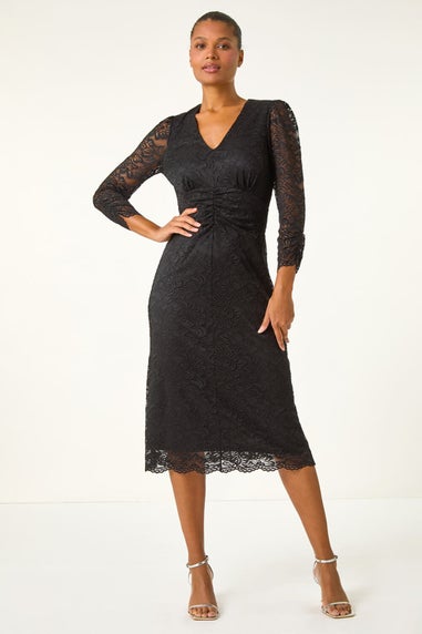 Roman Black Corded Lace Midi Dress