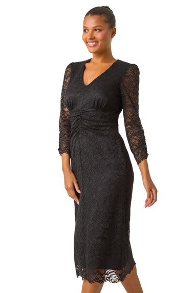 Roman Black Corded Lace Midi Dress