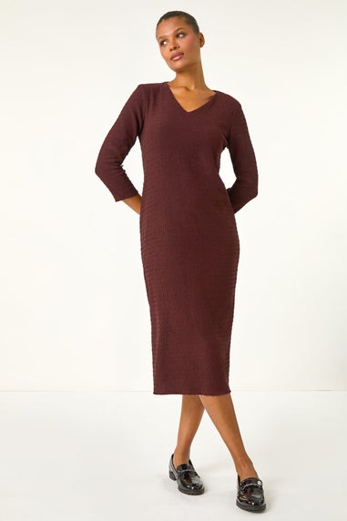 Roman Chocolate Textured V-Neck Stretch A-Line Dress