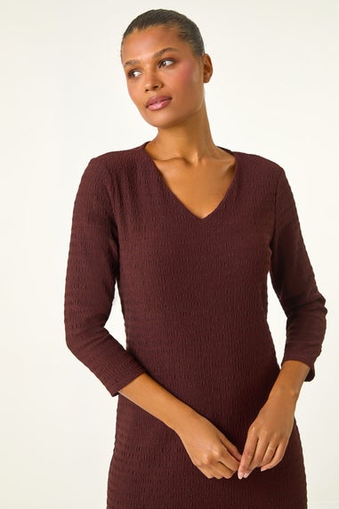 Roman Chocolate Textured V-Neck Stretch A-Line Dress