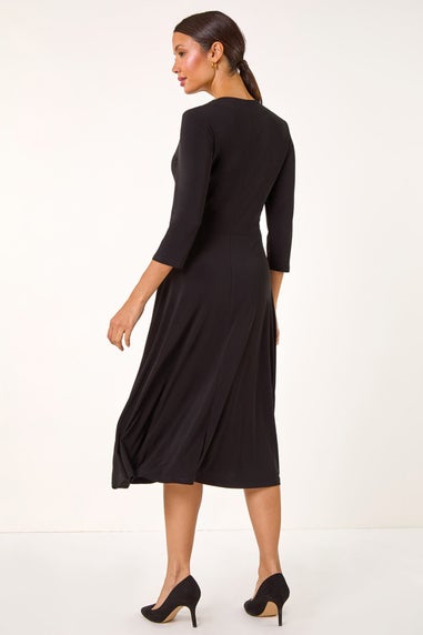 Roman Black Stretch Crossover Midi Dress