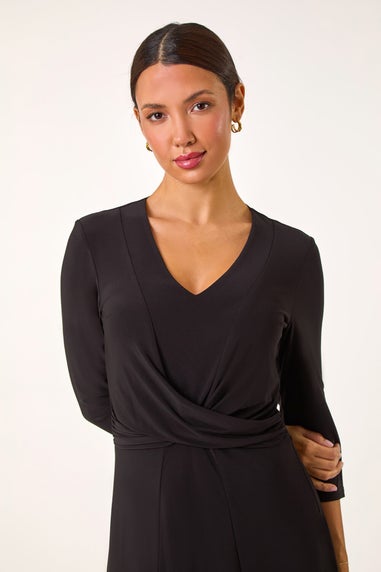 Roman Black Stretch Crossover Midi Dress