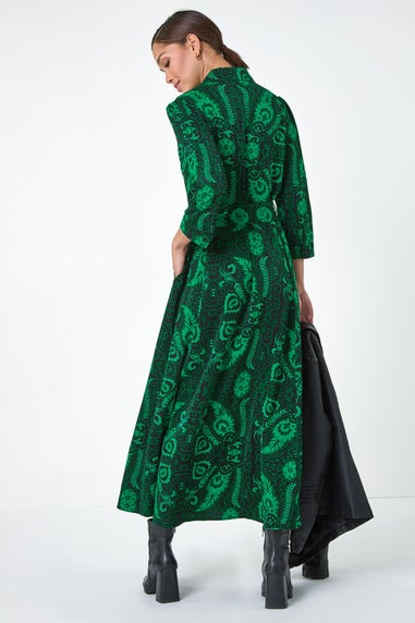 Roman Green Floral Leaf Print Midi Shirt Dress