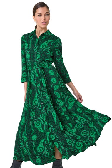 Roman Green Floral Leaf Print Midi Shirt Dress