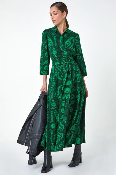 Roman Green Floral Leaf Print Midi Shirt Dress