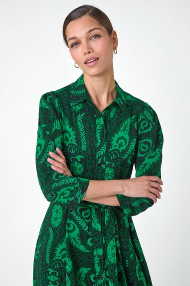 Roman Green Floral Leaf Print Midi Shirt Dress