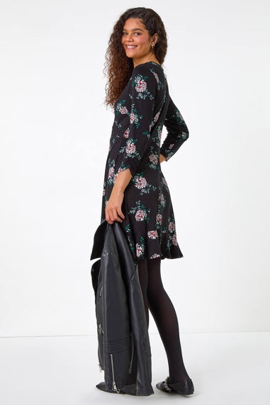 Roman Black Floral Print Wrap Front Stretch Dress