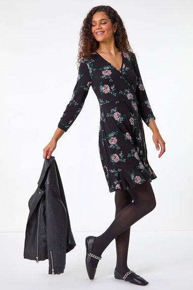 Roman Black Floral Print Wrap Front Stretch Dress