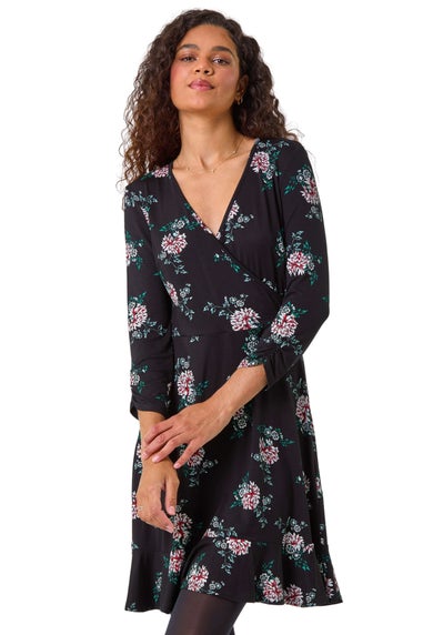 Roman Black Floral Print Wrap Front Stretch Dress