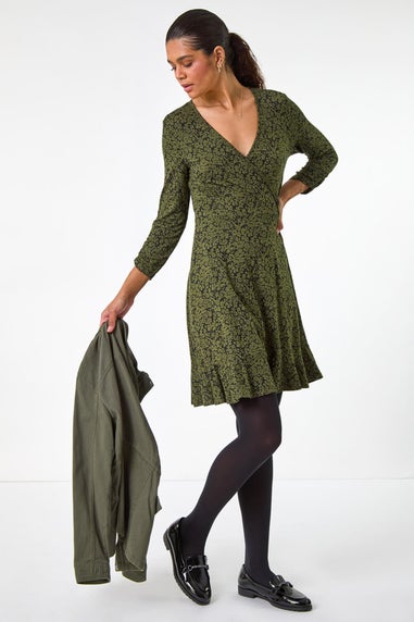 Roman Khaki Floral Print Wrap Front Stretch Dress